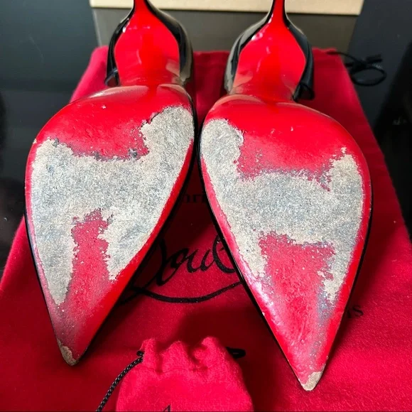 💯 Authentic CHRISTIAN LOUBOUTIN Iriza Patent Open-Side Red Sole Pump Black - Picture 8 of 10